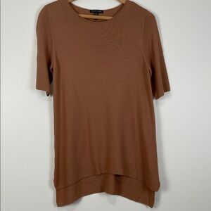 Eileen Fisher Rich Brown Short Sleeve Knit Top Tunic Elbow High Low Hem Minimal
